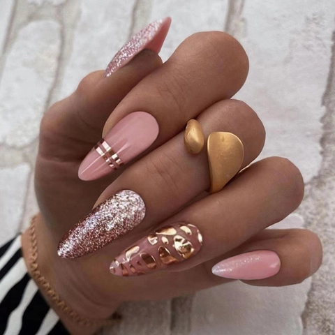 Press On Nägel Lang Mandel Rosegold Glitzer Rosa Metallstreifen Leopard Print Kunst Mode Falsche Nägel Für Frauen