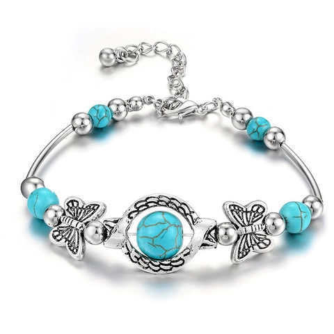 Vintage Bohemian Turquoise Bracelet Alloy Beaded Bangle With Animal Charms Butterfly Turtle Evil Eye For Women