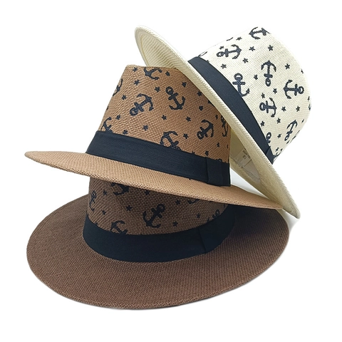 Fedora Strohoed Nautisch Anker Ster Print Papier Ademend Zonbescherming Zomer Strand Vakantie Jazz Stijl