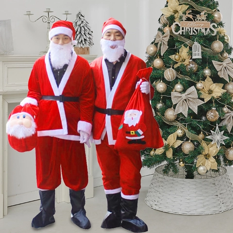 Costume Babbo Natale Adulto Vestito Natale Velluto Cappello Top Pantaloni Cintura Barba Abito Uomo Donna