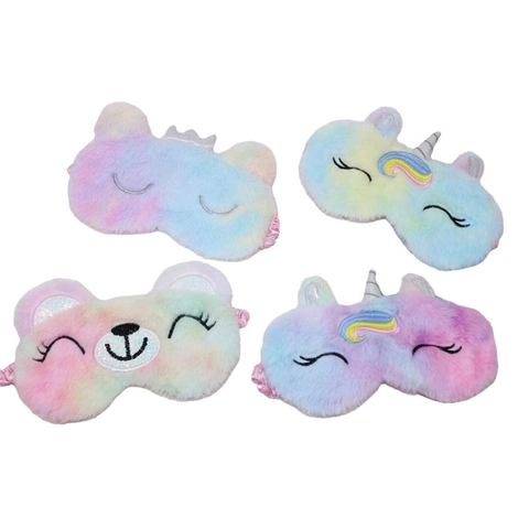 Plush Sleep Eye Mask Cartoon Animal Unicorn Rainbow Tie Dye Faux Fur Shading Blindfold For Women Kids Travel Nap