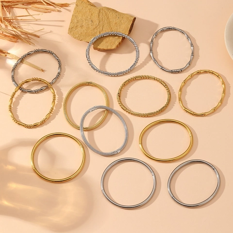 Bracciale Rigido in Acciaio al Titanio Western Vintage Trama di Bambù Fibbia Liscia Perle in Acciaio Inossidabile per Donna Gioielli