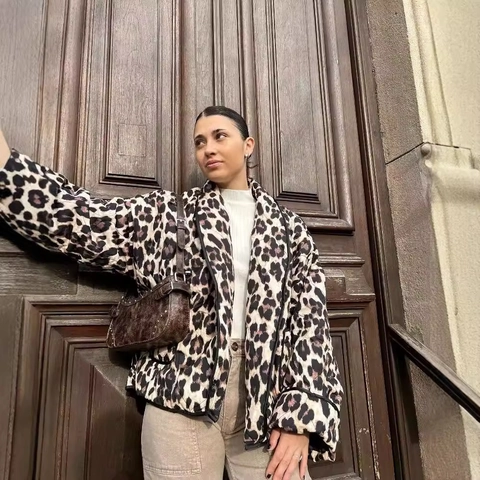 Leopardenmuster Gesteppte Jacke Damen Locker Mode Lässig Langarm Wattierter Mantel Mit Taschen