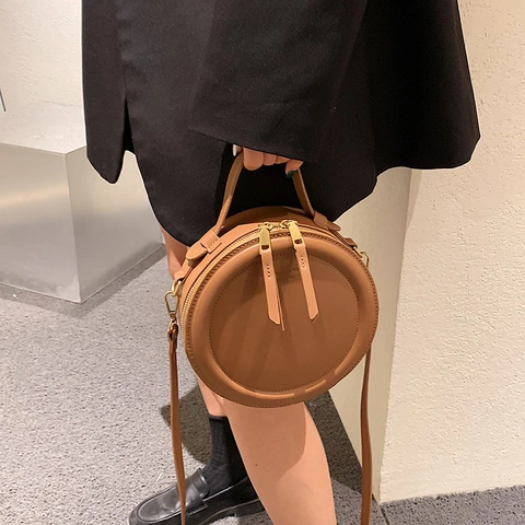 Runde PU-Leder Umhängetasche Für Damen Mit Tragegriff Dual Reißverschluss Verstellbarer Gurt Retro Einfacher Urbaner Handtasche