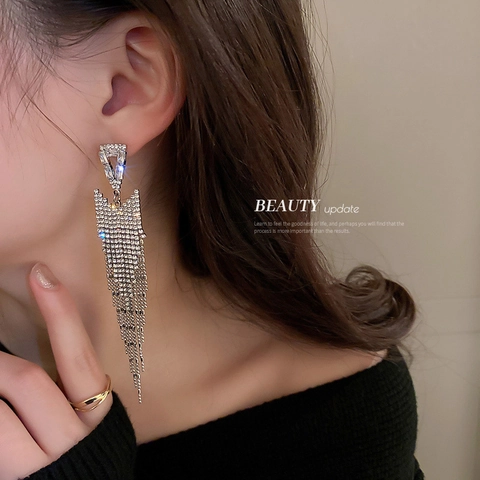 Dreieck Quaste Hängeohrringe Mit Silber Ohrstecker Legierung Strass Lange Elegante Geometrische Schmuck Für Frauen
