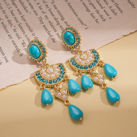 Pendientes Colgantes Bohemios Vintage Aleación Turquesa Sintética Perla Artificial De Imitación Estrás Con Poste De Plata Mujer