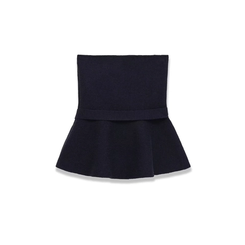 Knit Tube Top Strapless Peplum Hem With Bow Ribbon Navy Blue Slim Fit Sleeveless Solid Color Elegant Top For Women