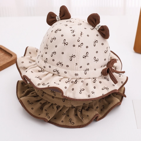 Cappello Pescatore Neonato Misto Cotone Coulisse Antivento Stampa Fiocco Volant Stile Principessa Dolce Per Neonati