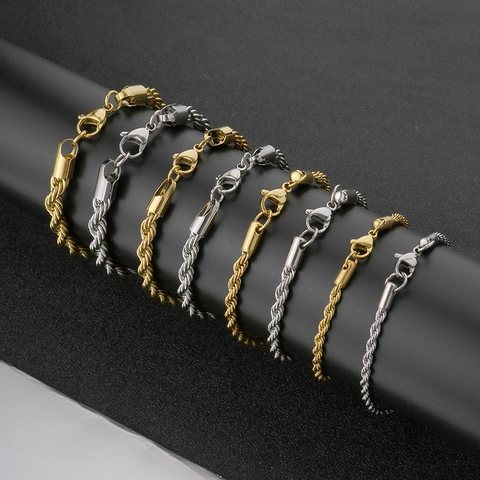 Rope Chain Bracelet Stainless Steel Twist Link Minimalist Punk Style Jewelry For Men And Women Gold Silver Color