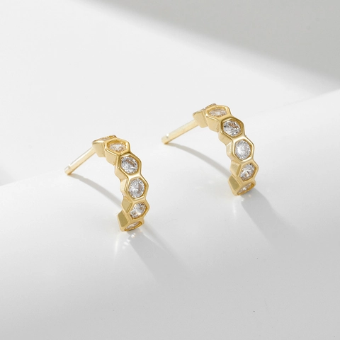925 Sterling Silver Geometric Hexagon Rhinestone Stud Earrings Small Honeycomb Gold Silver Plated Ear Jewelry For Women