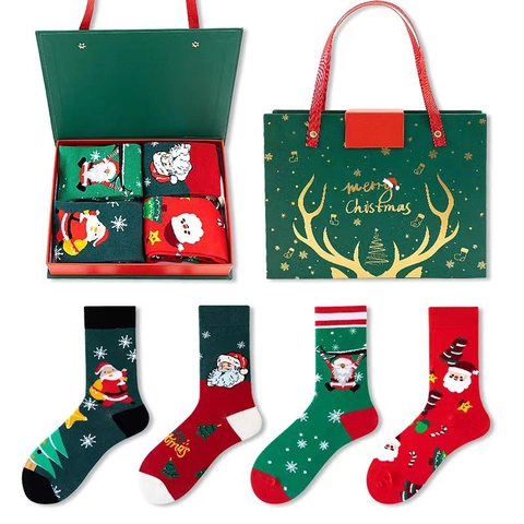 Cartoon Christmas Socks Gift Box With Santa Claus Snowman Reindeer Pattern Cotton Blend Holiday Winter Socks For Men Women