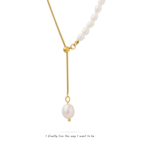 Freshwater Pearl Y-Shaped Necklace Titanium Steel Gold Plated Asymmetric Snake Bone Chain Adjustable French Retro Jewelry