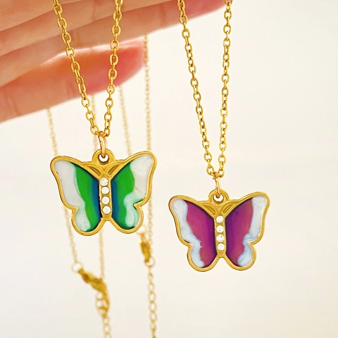 Stainless Steel Rhinestone Butterfly Pendant Necklace For Women Elegant Gradient Enamel Clavicle Chain Jewelry Accessory Gift