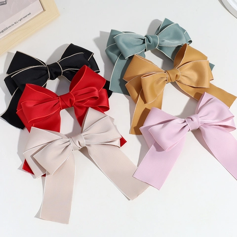 Oversized Bow Hair Clip Polyester Satin Ribbon Streamer Solid Color Hairpin Elegant Hair Accessories For Women
