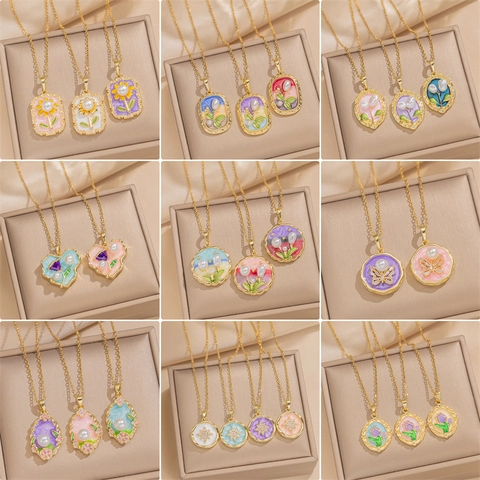 French Vintage Monet Garden Oil Painting Style Pendant Necklace Titanium Steel Copper Enamel Floral Tulip Artificial Pearl For Women