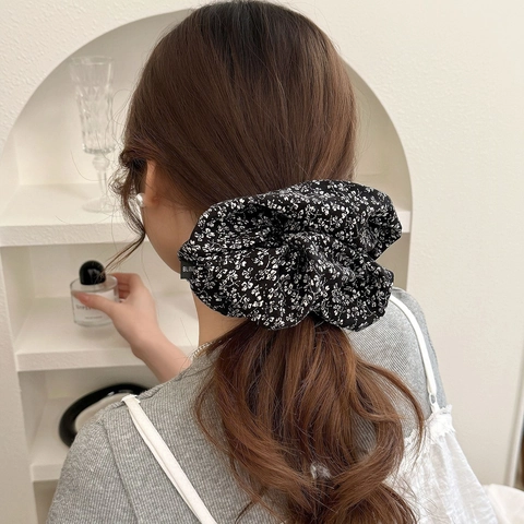 Scrunchies In Tessuto Floreale Oversize Fiore Nero Bianco Elastici Per Capelli Supporto Per Coda Di Cavallo Stile Coreano Donne