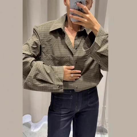 Camicia A Quadri A Maniche Lunghe Da Donna Blusa Retro Con Revers E Bottoni Top Ampi Casual