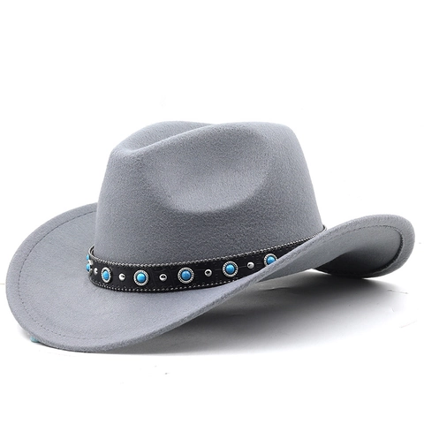 Sombrero Vaquero Western Retro Fieltro Lana Ala Ancha Con Cuentas Turquesas Banda Cuero Etnico Jazz Fedora Hombre Mujer