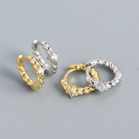 Twisted Huggie Hoop Earrings 925 Sterling Silver Square Zirconia Minimalist Light Luxury Elegant Jewelry For Women