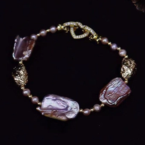 Purple Baroque Freshwater Pearl Bracelet For Women Natural Irregular Pearl Alloy Heart Clasp Rhinestone Elegant Jewelry Gift