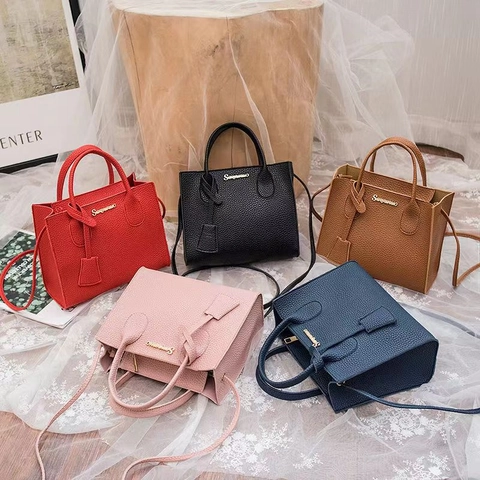 Women Lychee Pattern PU Leather Handbag Small Square Tote Bag With Adjustable Shoulder Strap And Top Handle