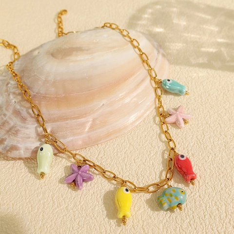 Titanium Steel Ocean Theme Jewelry With Colorful Ceramic Fish Starfish Pendant Necklace And Bracelet For Women Fashion