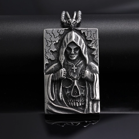 Gothic Grim Reaper Pendant Necklace 316L Stainless Steel Skull Cross Embossed Tag Retro Punk Rock Jewelry For Men Women