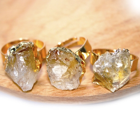 Bague En Pierre Brute Citrine Naturelle Du Brésil Irrégulière Plaqué Or Ajustable Bijoux Femmes Style Bohème Rétro