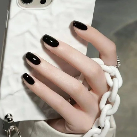 Glossy Black Press On Nails Solid Color Ballerina Coffin Shape Full Cover Artificial Nails Chic Cool Style For Women