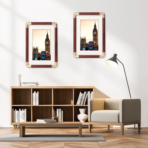Picture Frames Plastic Wood Grain Texture With Metal Corners For Tabletop And Wall Hanging Decor Elegant Retro Home