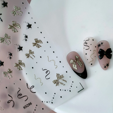 Stickers Ongles Relief 3D Nœud Croix Étoiles Ultra Mince Autocollant Gothique DIY Manucure Decals