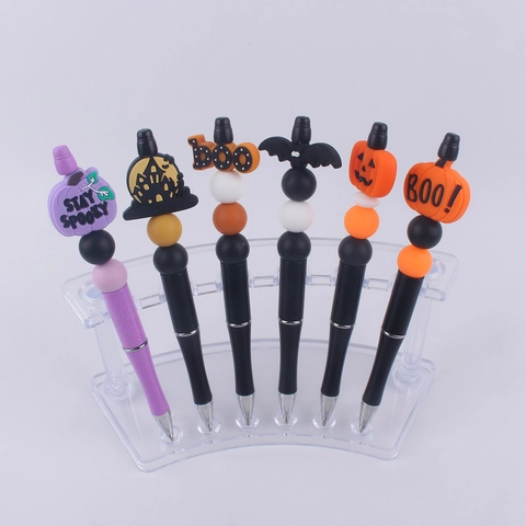 Halloween Beaded Ballpoint Pen DIY Silicone Bead Plastic Writing Tool Cartoon Pumpkin Bat Ghost Design Party Favors Novelty Stationery