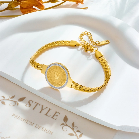 Vintage Vergoldetes Edelstahl Porträt Münz Armband Mit Strass Halo Retro Panzerkette Schmuck Für Damen
