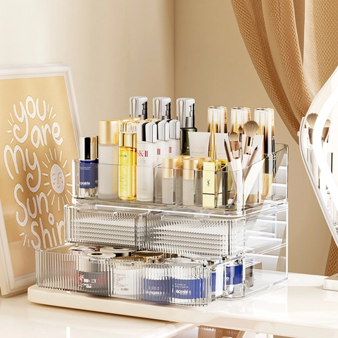 Organizzatore Di Cosmetici Trasparente Scatola Di Immagazzinaggio Trucco Antipolvere Espositore Da Tavolo Con Cassetti