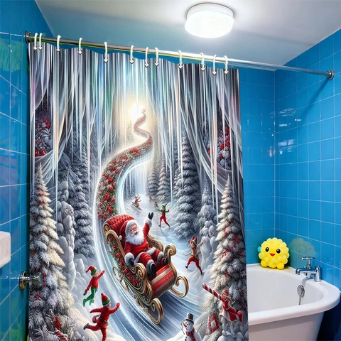 Weihnachts Duschvorhang Wasserdichtes Polyester Weihnachtsmann Rentier Elfen Badezimmer Feiertagsdekor Haken Inklusive