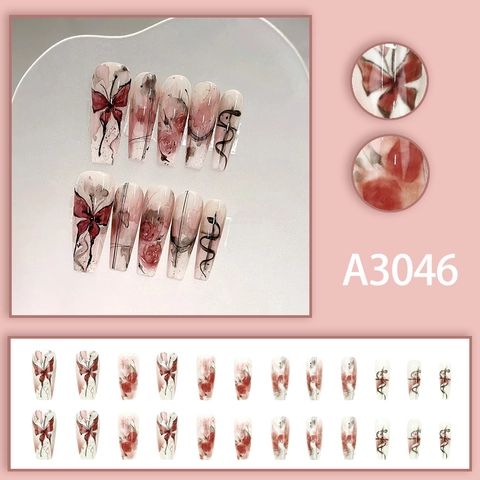 Uñas Postizas Press On Long Coffin Ballerina ABS Artístico Tinta Acuarela Rosa Roja Mariposa Diseño Para Mujeres