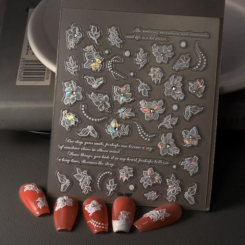 Autocollants Art Des Ongles 5D Relief Fleur Blanche Künstliche Perle Design Adhésif Imperméable Français Élégant Décoration Manucure