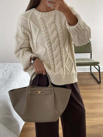 Women Cable Knit Sweater Acrylic Round Neck Long Sleeve Solid Color Casual Minimalist Knitwear