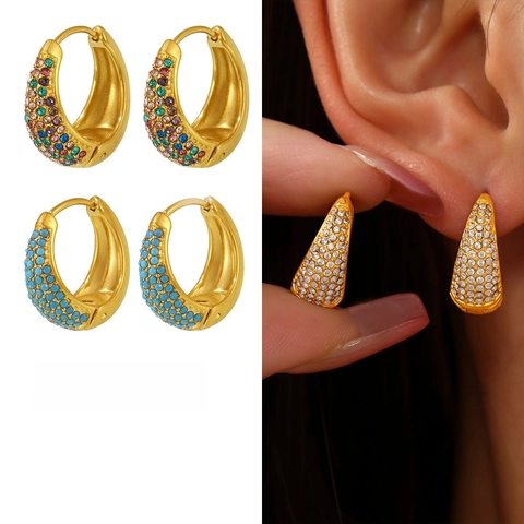 Creolen Aus Edelstahl 18K Vergoldet Zirkon Türkis Mikropavé Geometrischer Huggie Schmuck Für Damen Mode