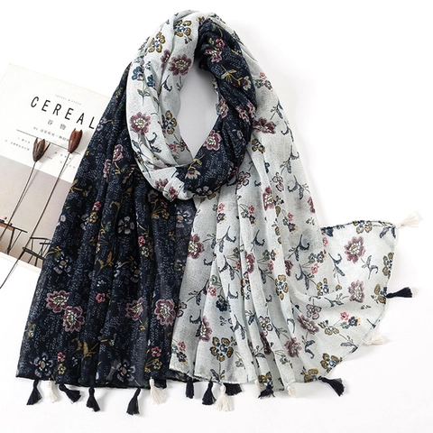 Women's Bohemian Floral Print Shawl Scarf Lightweight Polyester Cotton Linen Feel With Tassels Vintage Beach Wrap