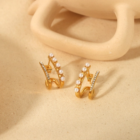 French Vintage 18K Gold Plated Stainless Steel Earrings With White Artificial Pearls And Zirconia Geometric U Shaped Jewelry Women