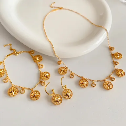 Vintage Octagram Mother Of Artificial Pearl Necklace Bracelet Earrings 925 Sterling Silver Earring Post Copper Zircon Gold Plated Women