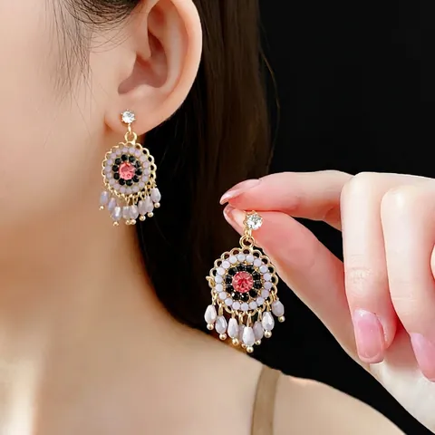 Bohemian Vintage Flower Drop Earrings Alloy Rhinestone Crystal 925 Sterling Silver Earring Post Ethnic Jewelry Women