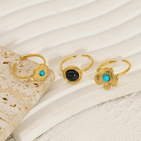 Vintage Flower Turquoise Open Rings 18K Gold Plated Stainless Steel Adjustable Bohemian Water Wave Disk Jewelry For Women