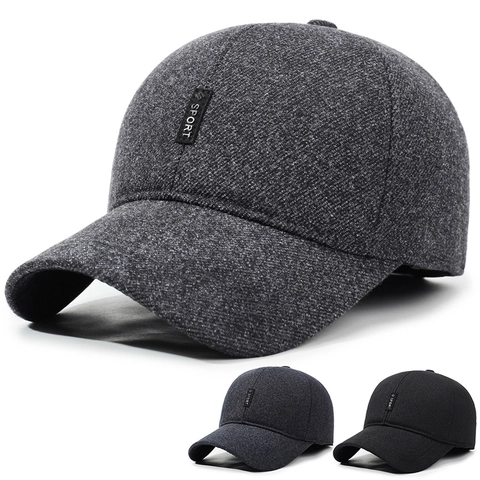 Winter Baseball Cap For Men With Warm Ear Flaps Wool Blend Windproof Thermal Outdoor Hat Vintage Casual Solid Color