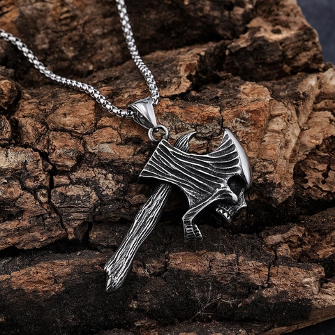 Collana Con Ciondolo A Forma Di Ascia E Teschio In Acciaio Inossidabile Retro Gothic Punk Vichingo Gioielli Uomo