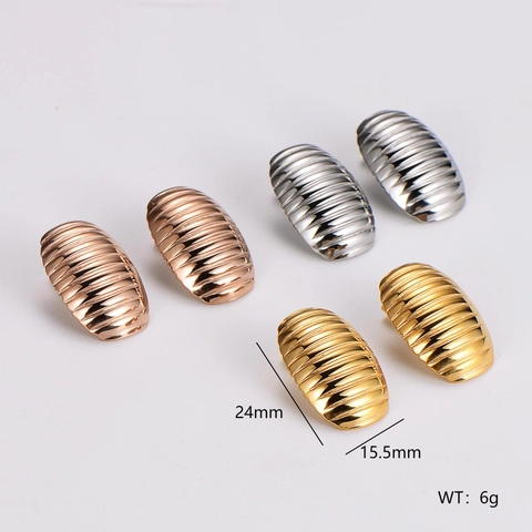 Boucles D Oreilles Ovales Minimalistes Pour Femmes Rétro 304 Acier Inoxidable Texture Nervurée Métallique Élégant