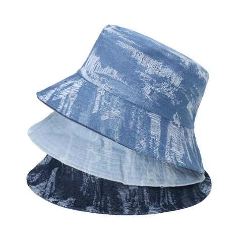 Washed Denim Cotton Bucket Hat Distressed Frayed Texture Sun Protection Beach Travel Sun Hat For Men Women