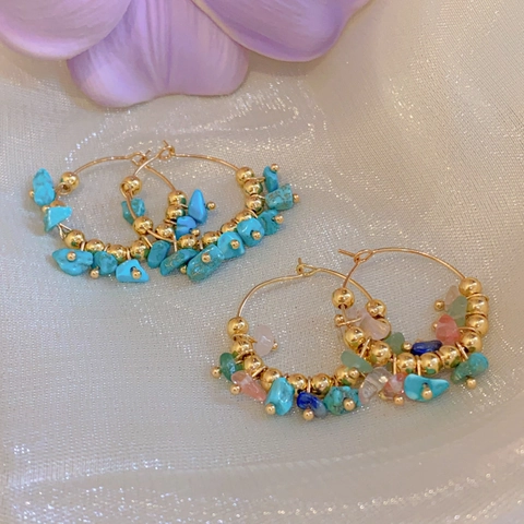 Bohemian Hoop Earrings With Stainless Steel Earring Post And Natural Stone Beads Gold Ethnic Style For Women
