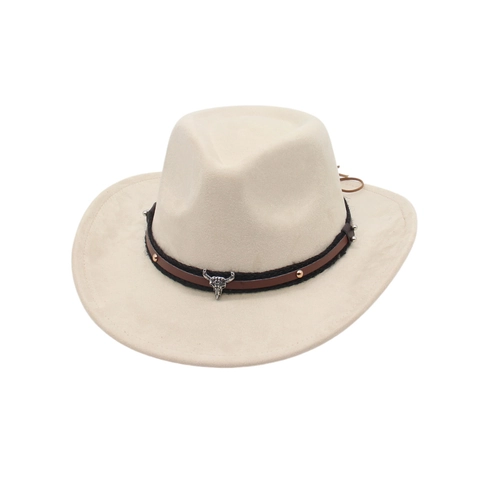 Vintage Western Cowboy Hat For Men Women Ethnic Bull Head Accessory Faux Suede Curved Brim Wide Brim Fedora Jazz Sun Hat